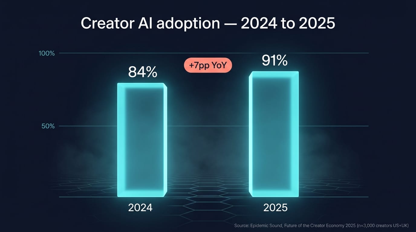 A bar chart showing creator AI adoption growing from 84% in 2024 to 91% in 2025 — a 7-percentage-point year-over-year increase per the Epidemic Sound Future of the Creator Economy Report