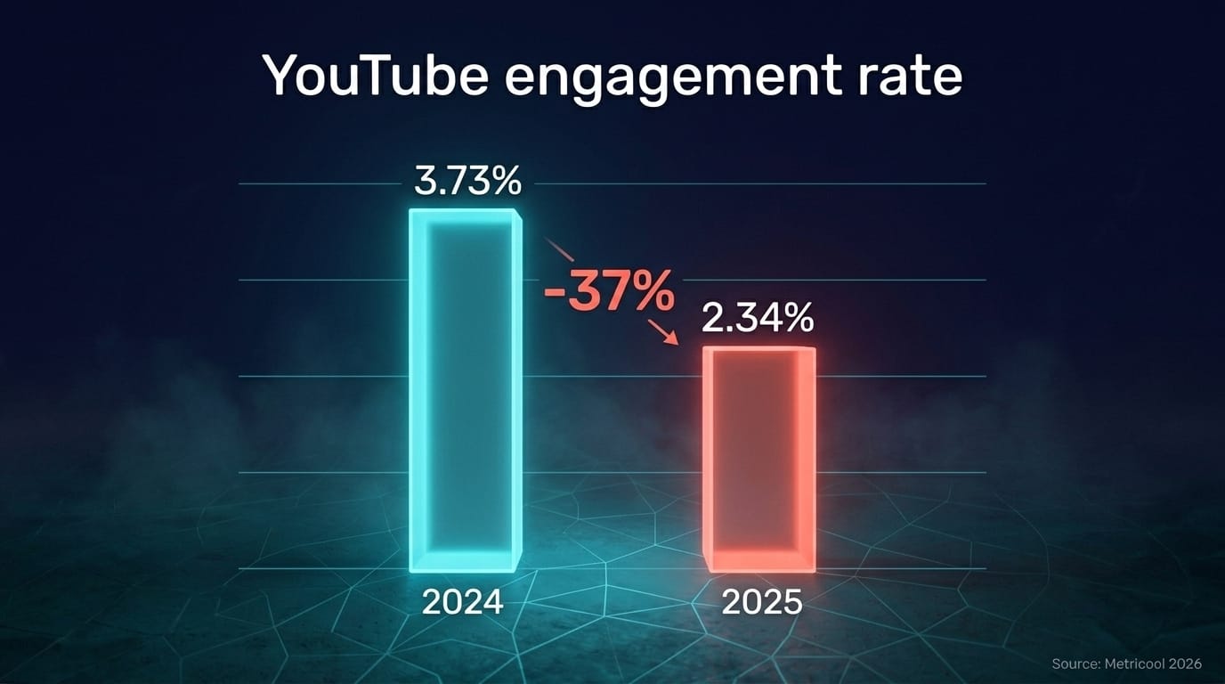 YouTube engagement rate fell from 3.73% in 2024 to 2.34% in 2025 — a 37% decline year-over-year, per Metricool 2026 data
