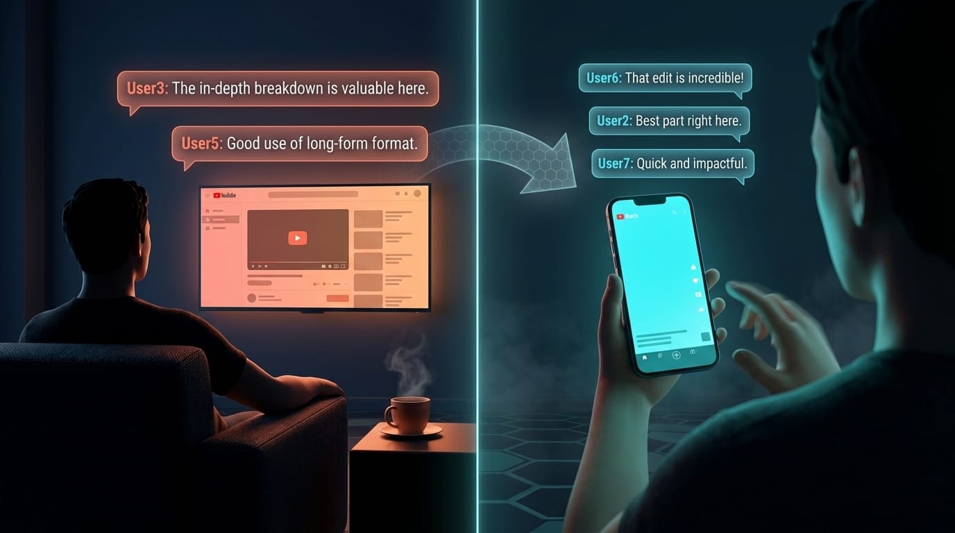 A split-frame conceptual illustration: left half is a warm-toned living room with a TV showing YouTube and a family silhouette leaning back; right half is a vertical phone screen with cooler tones and a hand actively scrolling. A hexagonal-grid arrow bridges them showing audience intent migrating between contexts